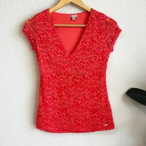 VTG Guess Babydoll Top Small Lace Y2K Coquette Fairy Sheer Sleeve Coral Romantic